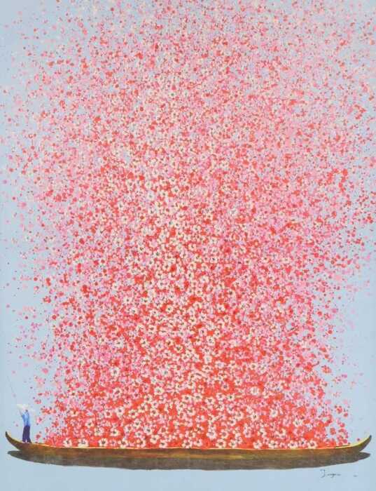 A Kare design flower boat picture, on canvas, by Joyce, 160cm x 120cm.