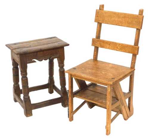 A Victorian pine metamorphic library chair, together with an 18thC oak stool, raised on turned...