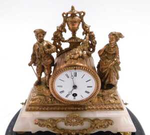 A late 19thC French gilt metal mantel clock by Hy Marc Paris, the circular enamel dial bearing... - 3