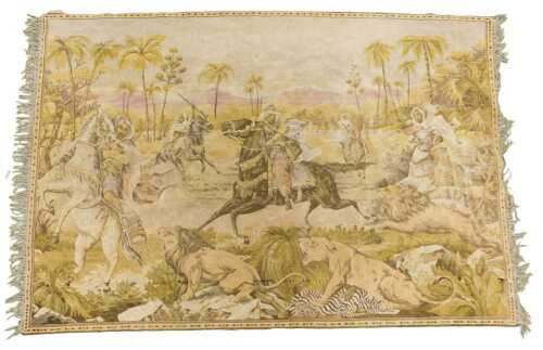 A 20thC tapestry wall hanging rug, depicting Bedouin hunters on horseback attacking lions, 122cm...