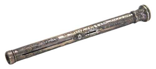 A Victorian silver plated propelling pen and pencil, with foliate engraved decoration, oval...