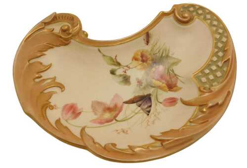 A Royal Worcester blush porcelain crescent shaped dish, circa 1891, painted by Edward Raby Jnr,...
