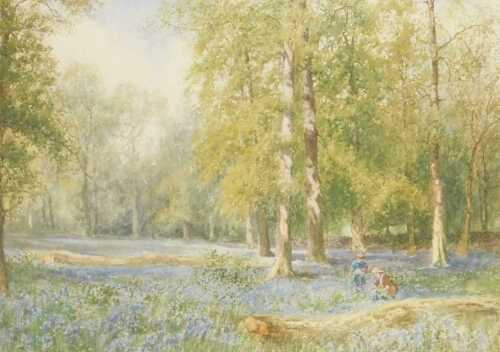 Albert Henry Findley (British 1880-1975). Woodland in spring with figures gathering bluebells,...