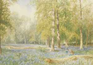 Albert Henry Findley (British 1880-1975). Woodland in spring with figures gathering bluebells,...