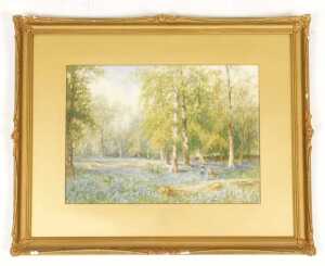 Albert Henry Findley (British 1880-1975). Woodland in spring with figures gathering bluebells,... - 2