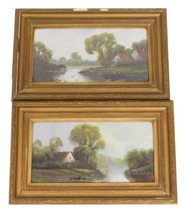 19thC School. River landscapes with homesteads, pair of gouache, 24.5cm x 50cm.