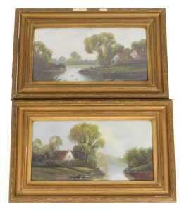 19thC School. River landscapes with homesteads, pair of gouache, 24.5cm x 50cm.