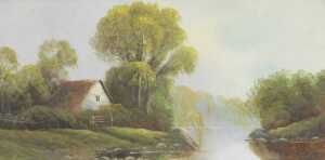 19thC School. River landscapes with homesteads, pair of gouache, 24.5cm x 50cm. - 2