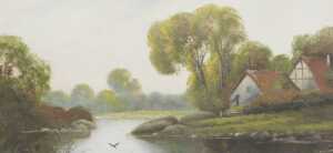 19thC School. River landscapes with homesteads, pair of gouache, 24.5cm x 50cm. - 3
