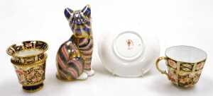 A Royal Crown Derby porcelain Imari cat paperweight, gold stopper, together with an Imari coffee... - 2