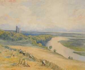 After Myles Birket Foster. Harvesting scene near the Severn, possibly with a view of Cook's...