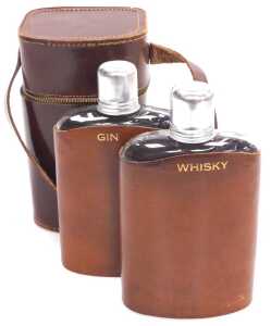 A pair of glass and tan leather bound hip flasks, named for Gin and Whisky, in a brown leather... - 2
