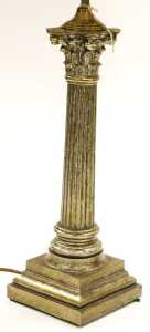 A pair of patinated metal Corinthian column table lamps, with pleated silk shades, 70.5cm high. - 2
