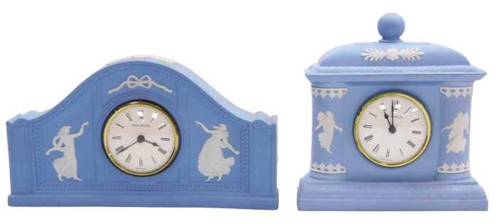 A Wedgwood light blue jasperware Arcadian clock, for Danbury Mint, serial number 0130, with...