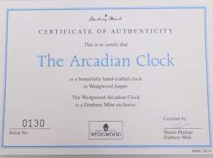 A Wedgwood light blue jasperware Arcadian clock, for Danbury Mint, serial number 0130, with... - 3