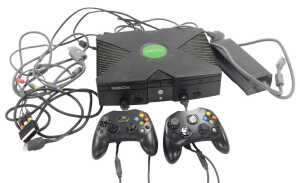 An Xbox video game system, serial number 400645251705, with controller, adaptor, leads, etc.