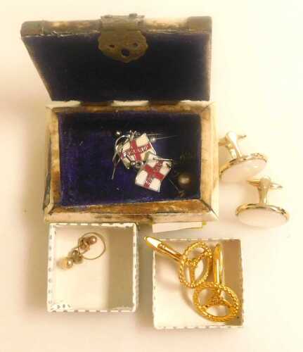 A pair of cufflinks and another, enamelled English flag drop earrings, a pair of unmatched gold...