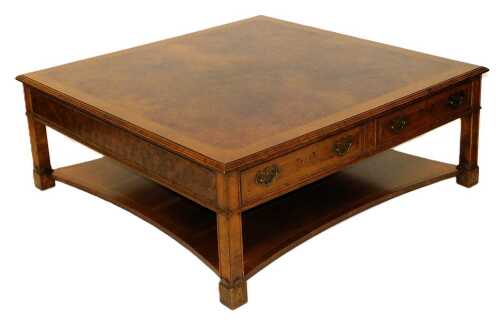 A late 20thC burr walnut and mahogany crossbanded coffee table, with two frieze drawers to each...