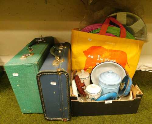 Miscellaneous effects, to include ceramic jars, a blue and white enamel bowl, suitcases, paper...