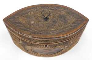 A George III navette shaped paper scroll tea caddy, the heavily carved lid with loop handle,... - 3