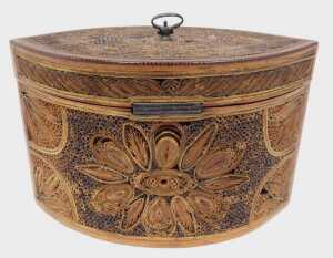 A George III navette shaped paper scroll tea caddy, the heavily carved lid with loop handle,... - 4