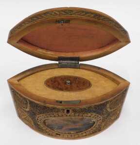 A George III navette shaped paper scroll tea caddy, the heavily carved lid with loop handle,... - 5