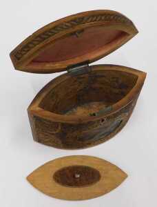 A George III navette shaped paper scroll tea caddy, the heavily carved lid with loop handle,... - 6