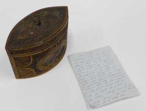A George III navette shaped paper scroll tea caddy, the heavily carved lid with loop handle,... - 9