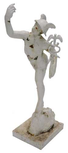 A 20thC iron statue of Mercury (Hermes), in winged helmet holding a caduceus, on a mask and...