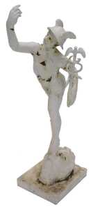 A 20thC cast iron statue of Mercury (Hermes), in winged helmet holding a caduceus, on a mask and...