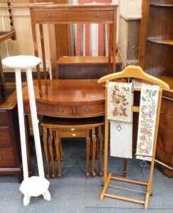 Furniture, comprising a painted plant stand, a mahogany side table with frieze drawer, a serving...