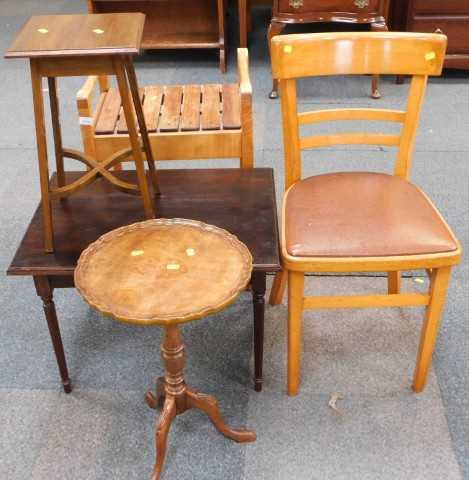 Furniture, comprising an elm stool with a slatted top, a wine table, a kitchen chair, a plant...