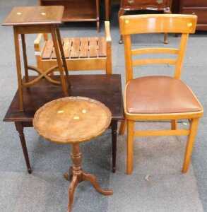Furniture, comprising an elm stool with a slatted top, a wine table, a kitchen chair, a plant...