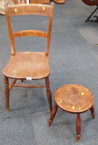 A 19thC bar back kitchen chair, and a stool with circular top and turned legs. (2)