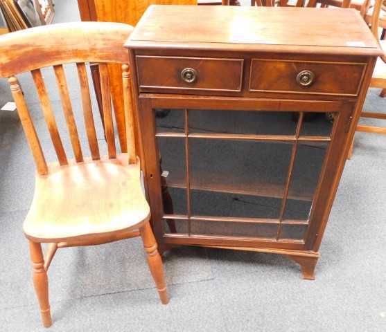 A mahogany side cabinet, with two drawers and a glazed door, 50cm wide, and a slatted kitchen...