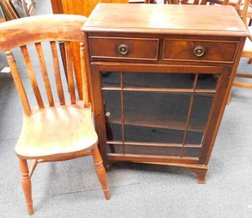 A mahogany side cabinet, with two drawers and a glazed door, 50cm wide, and a slatted kitchen...