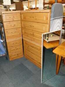 Furniture, comprising a pine effect chest, of six drawers in two parts, two three drawer bedside...