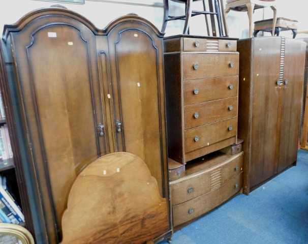 Furniture, comprising a walnut wardrobe, two single headboards, pair of bedroom chairs, 1950s...
