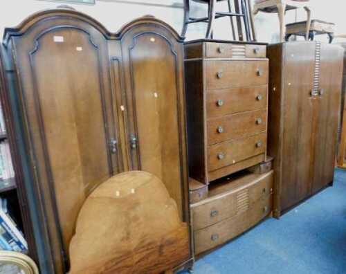 Furniture, comprising a walnut wardrobe, two single headboards, pair of bedroom chairs, 1950s...