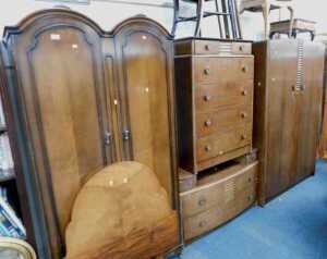 Furniture, comprising a walnut wardrobe, two single headboards, pair of bedroom chairs, 1950s...