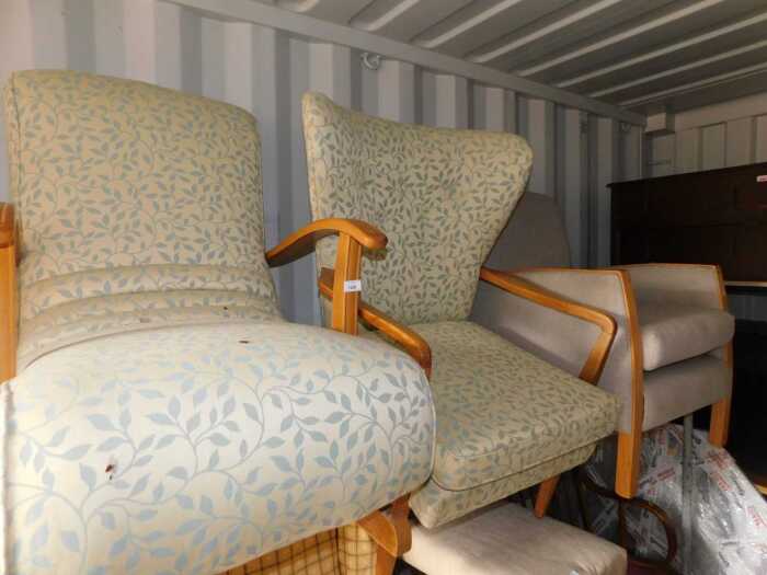 A beech armchair, upholstered in pale blue and cream fabric, with reeded arms, a matching...