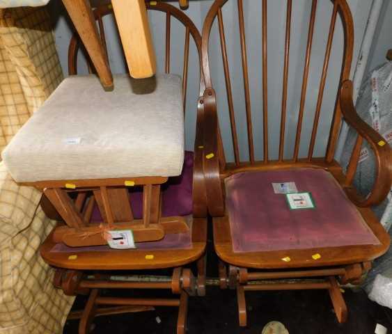 Two HSL rocking armchairs, each with a spindle turned back, and a matching stool. (3)