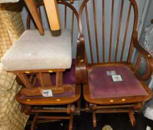 Two HSL rocking armchairs, each with a spindle turned back, and a matching stool. (3)