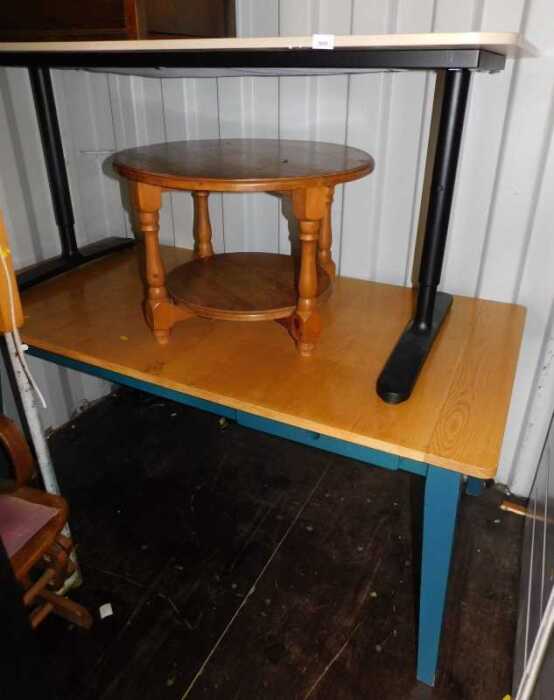 Furniture, comprising a pine circular two tier table, raised on turned supports, a desk with...