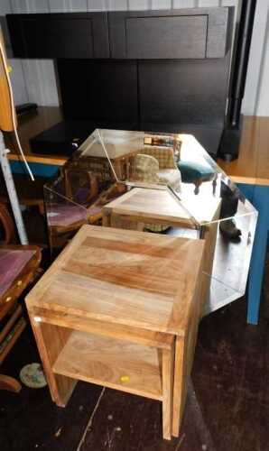Furniture, comprising two black ash bedside cabinets with drawers, a nest of two walnut tables,...