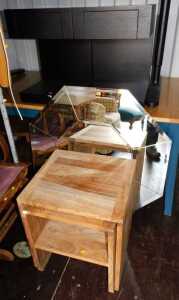 Furniture, comprising two black ash bedside cabinets with drawers, a nest of two walnut tables,...