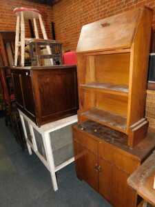 Furniture, comprising a white and red painted stool, an oak stool, rectangular topped, a lift...
