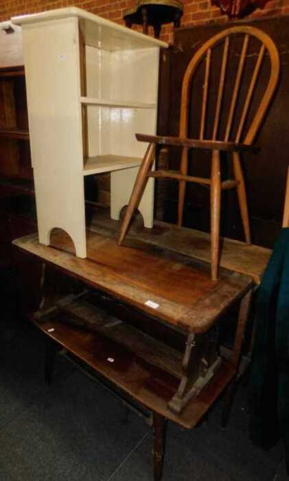 Furniture, comprising a kitchen chair, raised on turned supports, a cream painted open shelf...