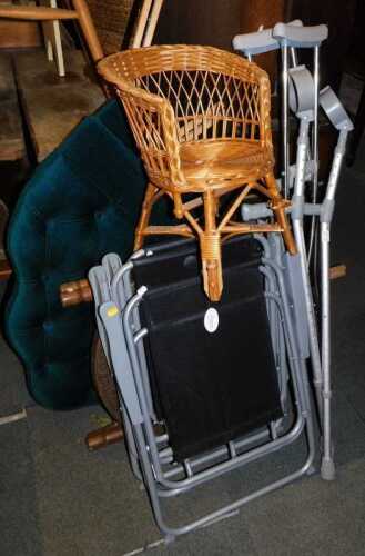 Furniture, comprising a small child's wicker chair, a circular topped hardwood occasional table,...