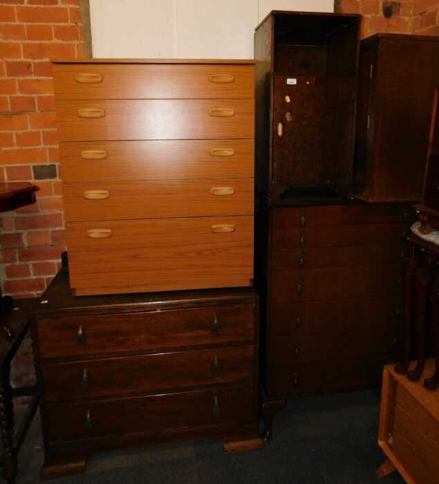 A group of furniture, to include an oak pot cupboard, open enclosure above single door, a chest,...